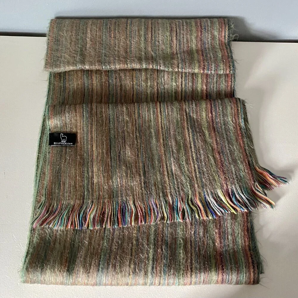 Handmade Shupaca Striped Alpaca Rainbow Fringe Y2K Office Boho Scarf 76